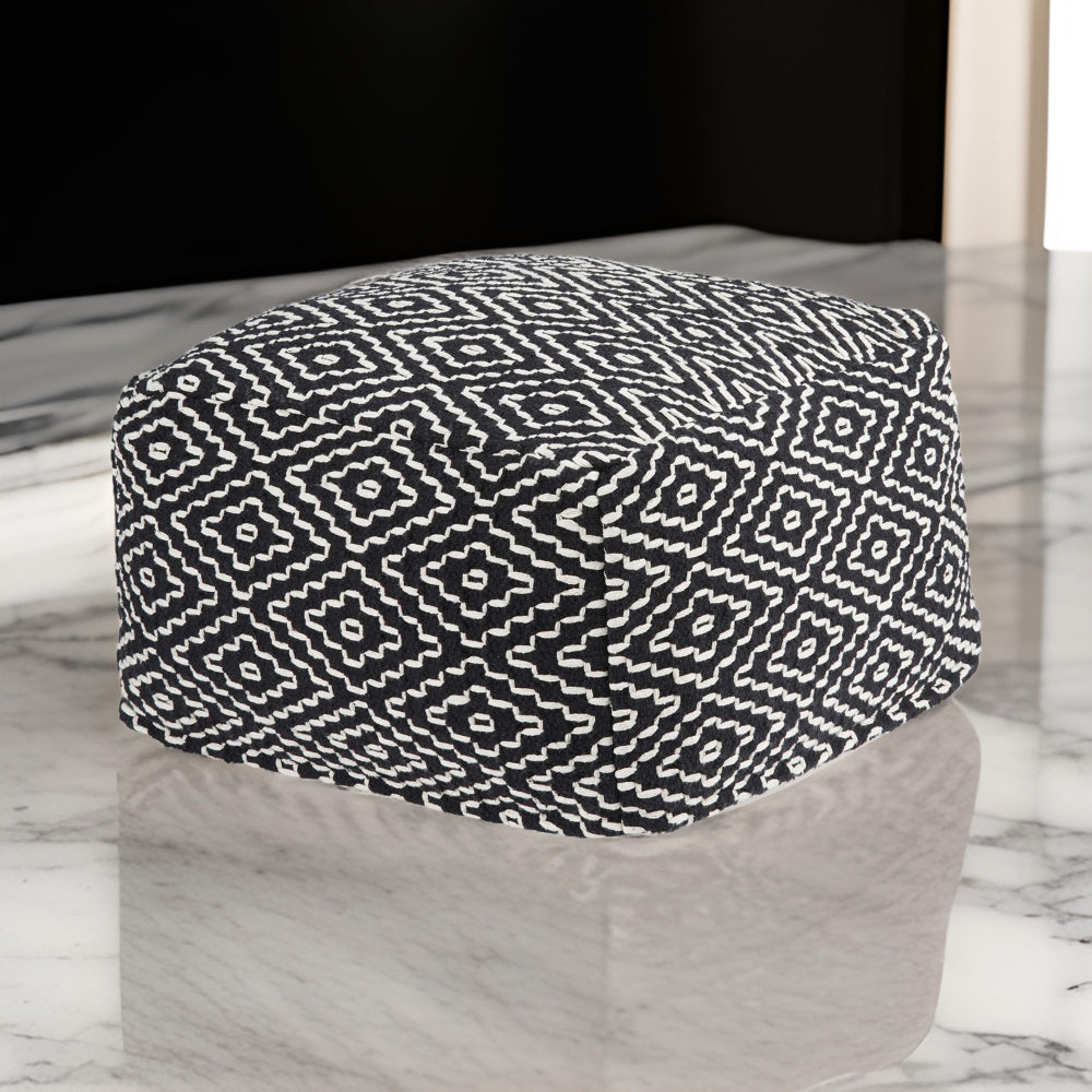 Sena 22 Inch Ottoman Pouf, Handwoven Pattern, Cotton Cover, Black White - BM318612