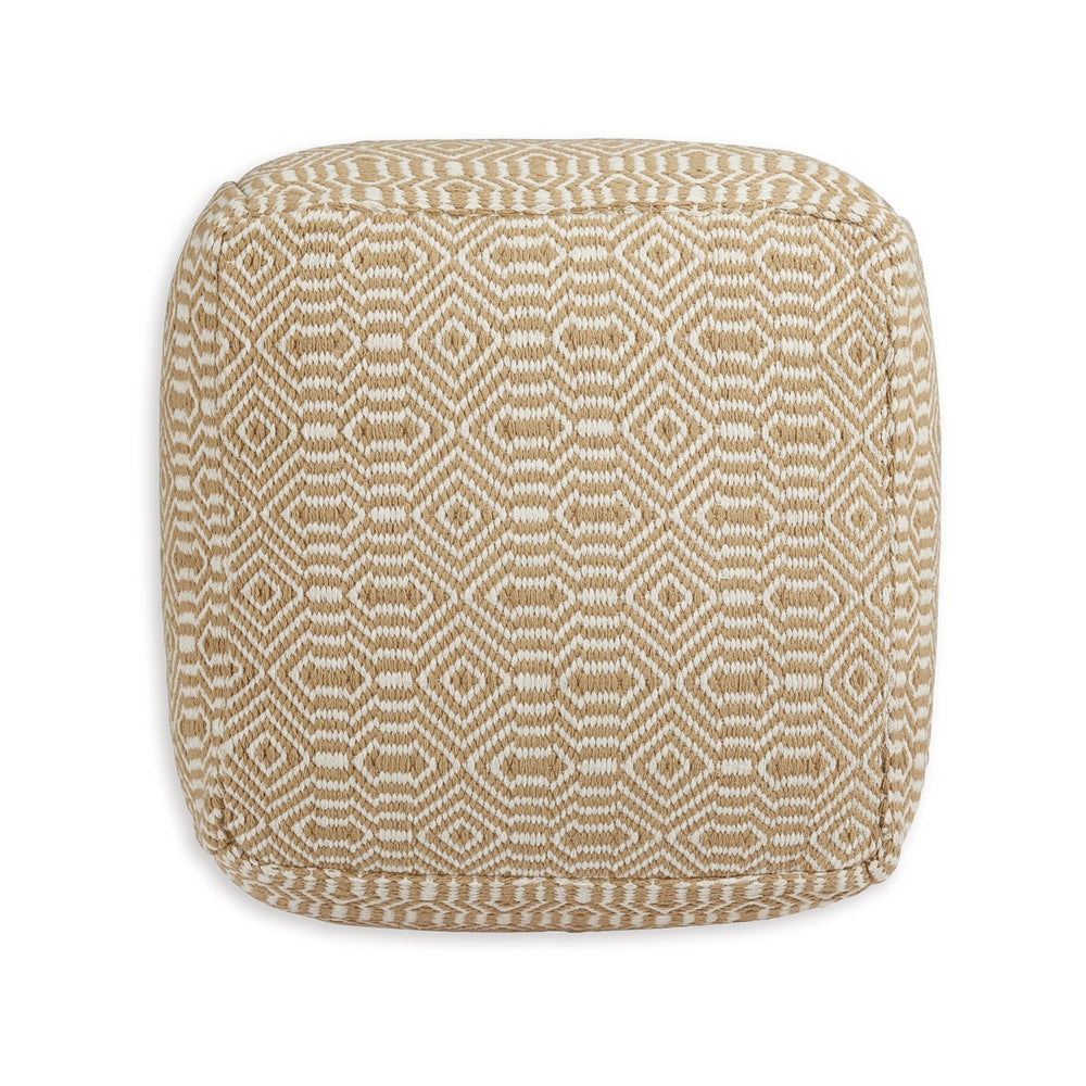 Sena 22 Inch Ottoman Pouf, Handwoven Pattern, Cotton Cover, Beige White - BM318613