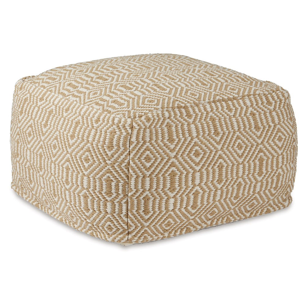 Sena 22 Inch Ottoman Pouf, Handwoven Pattern, Cotton Cover, Beige White - BM318613