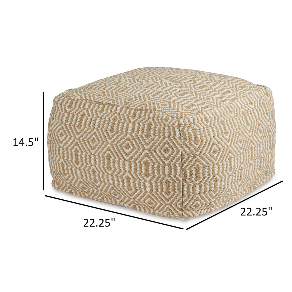 Sena 22 Inch Ottoman Pouf, Handwoven Pattern, Cotton Cover, Beige White - BM318613