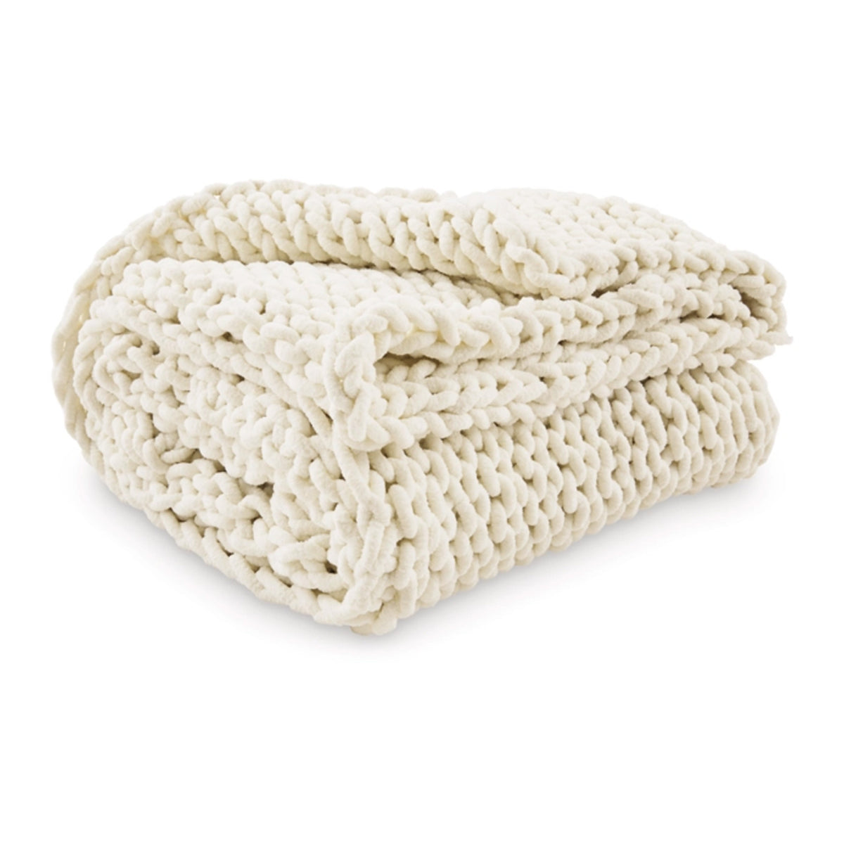 Deme Throw Blanket Set of 3, Hand Knitted Soft Chunky Chenille, Ivory White  - BM318614
