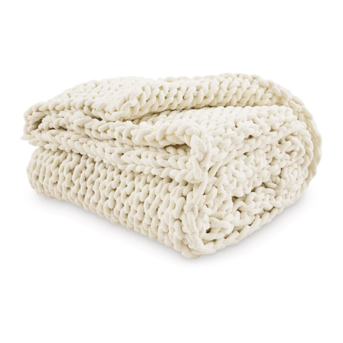 Deme Throw Blanket Set of 3, Hand Knitted Soft Chunky Chenille, Ivory White  - BM318614