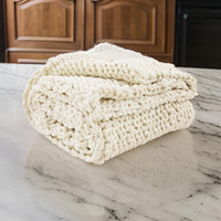Deme Throw Blanket Set of 3, Hand Knitted Soft Chunky Chenille, Ivory White  - BM318614