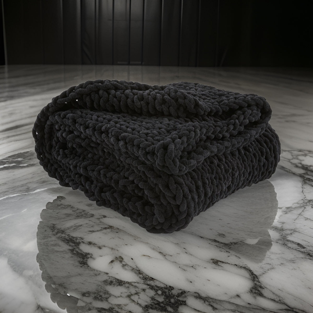 Deon Throw Blanket Set of 3, Hand Knitted Soft Chenille, Black Finish  - BM318615