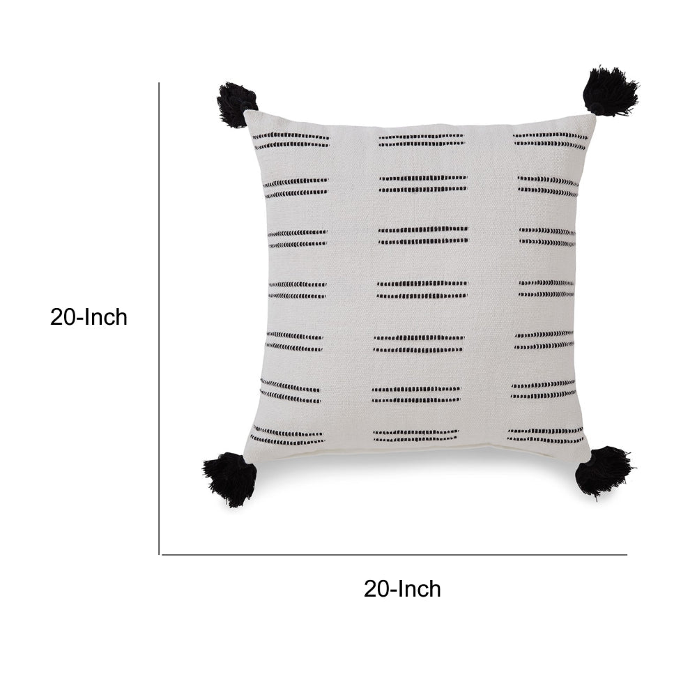 Throw Pillow Set of 4, 20 Inch, Cotton Striped Design, Black Tassels, White - BM318641