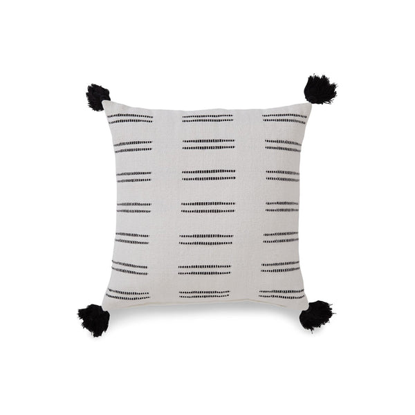 Throw Pillow Set of 4, 20 Inch, Cotton Striped Design, Black Tassels, White - BM318641