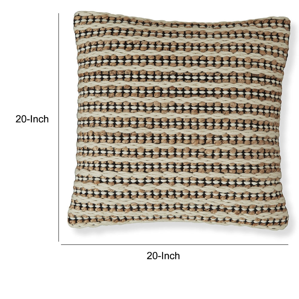 Throw Pillow Set of 4, 20 Inch, Cotton, Woven Striped Design, Beige, Black - BM318642