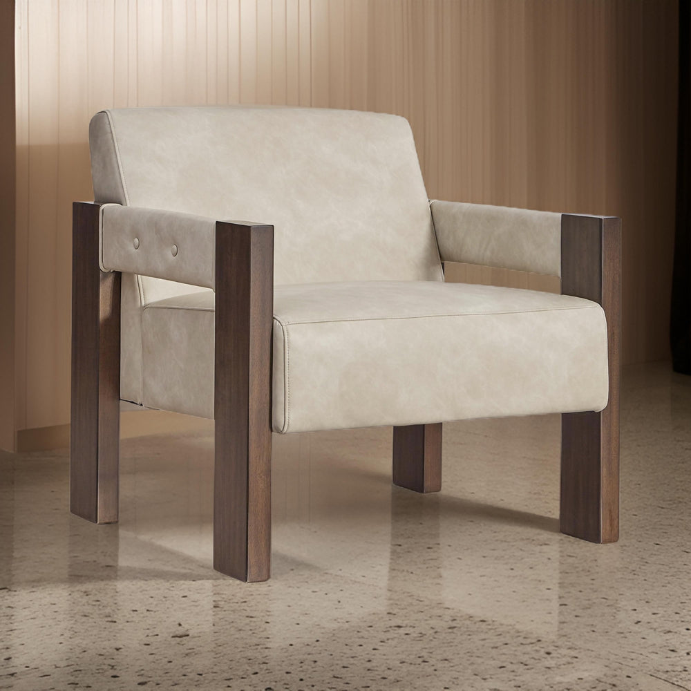 Live Accent Chair, Cushioned Seat, White Faux Leather, Espresso Brown Wood - BM318658