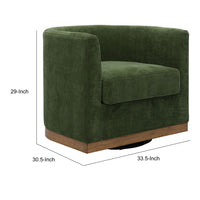 Swivel Accent Chair, Green Cushioned Fabric, Barrel Style, Brown Wood Base - BM318660