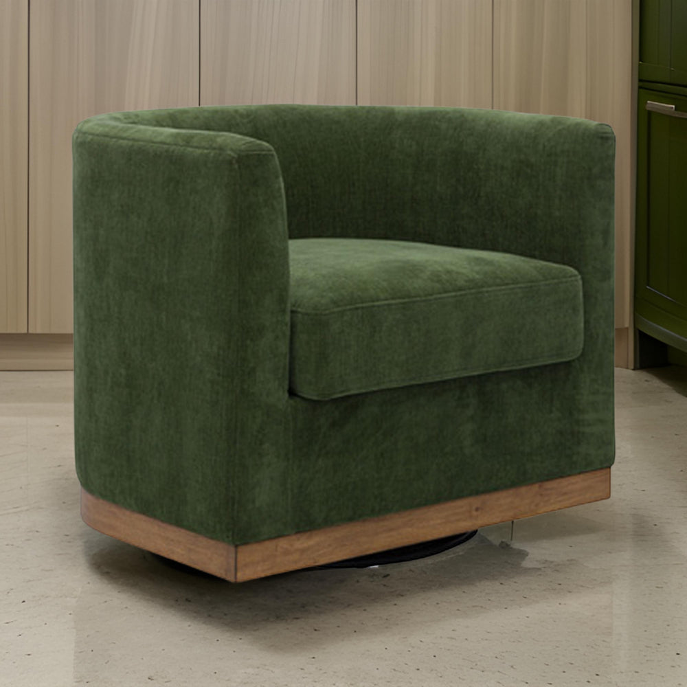 Swivel Accent Chair, Green Cushioned Fabric, Barrel Style, Brown Wood Base - BM318660