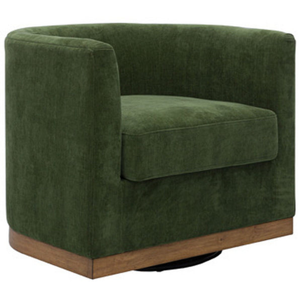 Swivel Accent Chair, Green Cushioned Fabric, Barrel Style, Brown Wood Base - BM318660