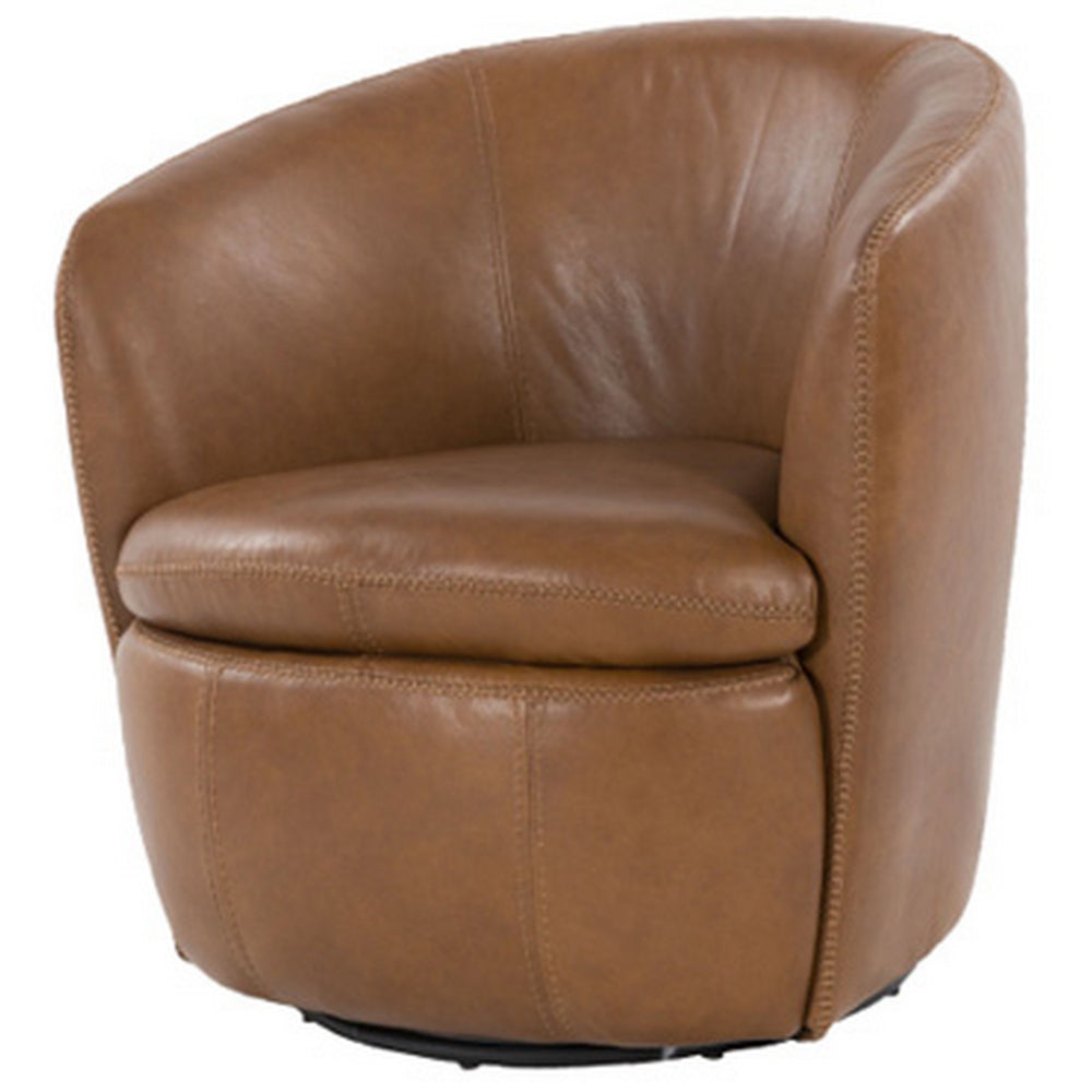 Niko Swivel Accent Chair, Round Barrel Design, Brown Top Grain Leather - BM318664