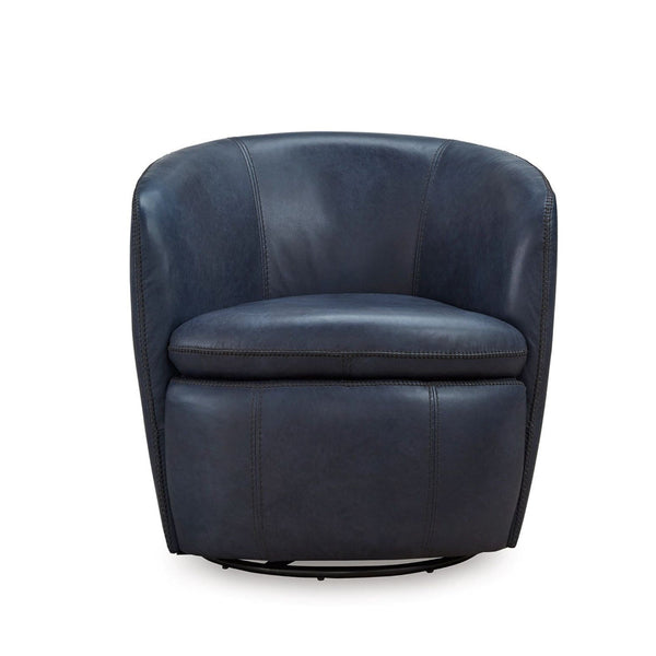 Niko Swivel Accent Chair, Round Barrel Design, Blue Top Grain Leather - BM318665