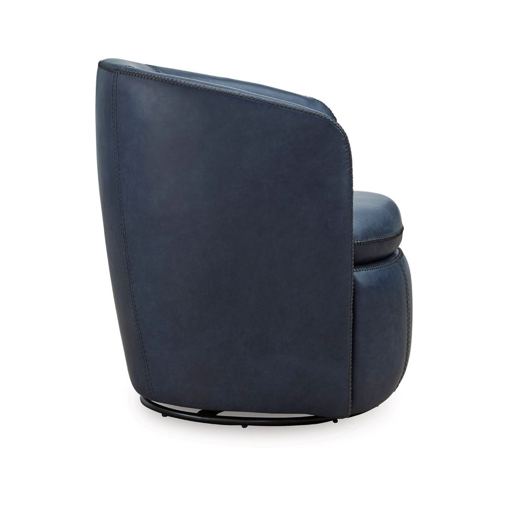 Niko Swivel Accent Chair, Round Barrel Design, Blue Top Grain Leather - BM318665