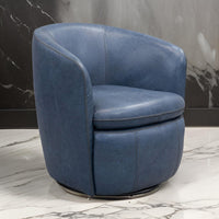 Niko Swivel Accent Chair, Round Barrel Design, Blue Top Grain Leather - BM318665