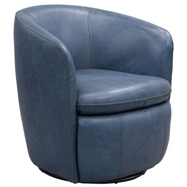 Niko Swivel Accent Chair, Round Barrel Design, Blue Top Grain Leather - BM318665