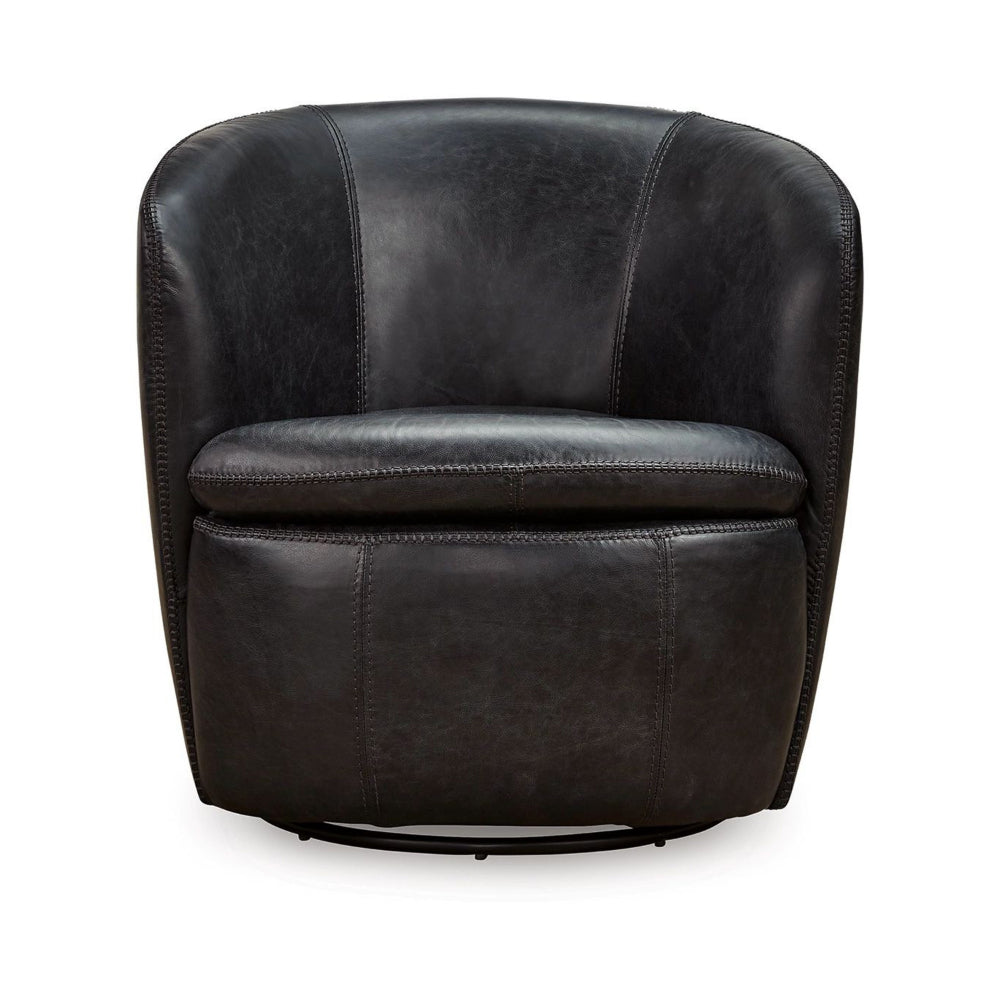 Niko Swivel Accent Chair, Round Barrel Design, Dark Blue Top Grain Leather - BM318666