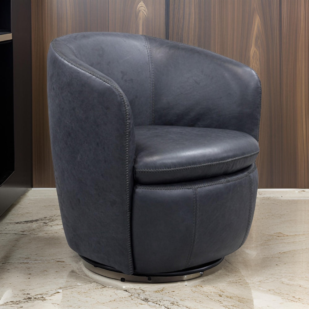 Niko Swivel Accent Chair, Round Barrel Design, Dark Blue Top Grain Leather - BM318666