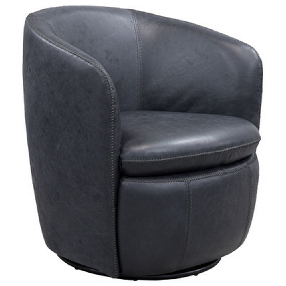 Niko Swivel Accent Chair, Round Barrel Design, Dark Blue Top Grain Leather - BM318666