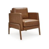 Accent Chair, Classic Retro Cushions, Brown Faux Leather, Natural Wood - BM318672