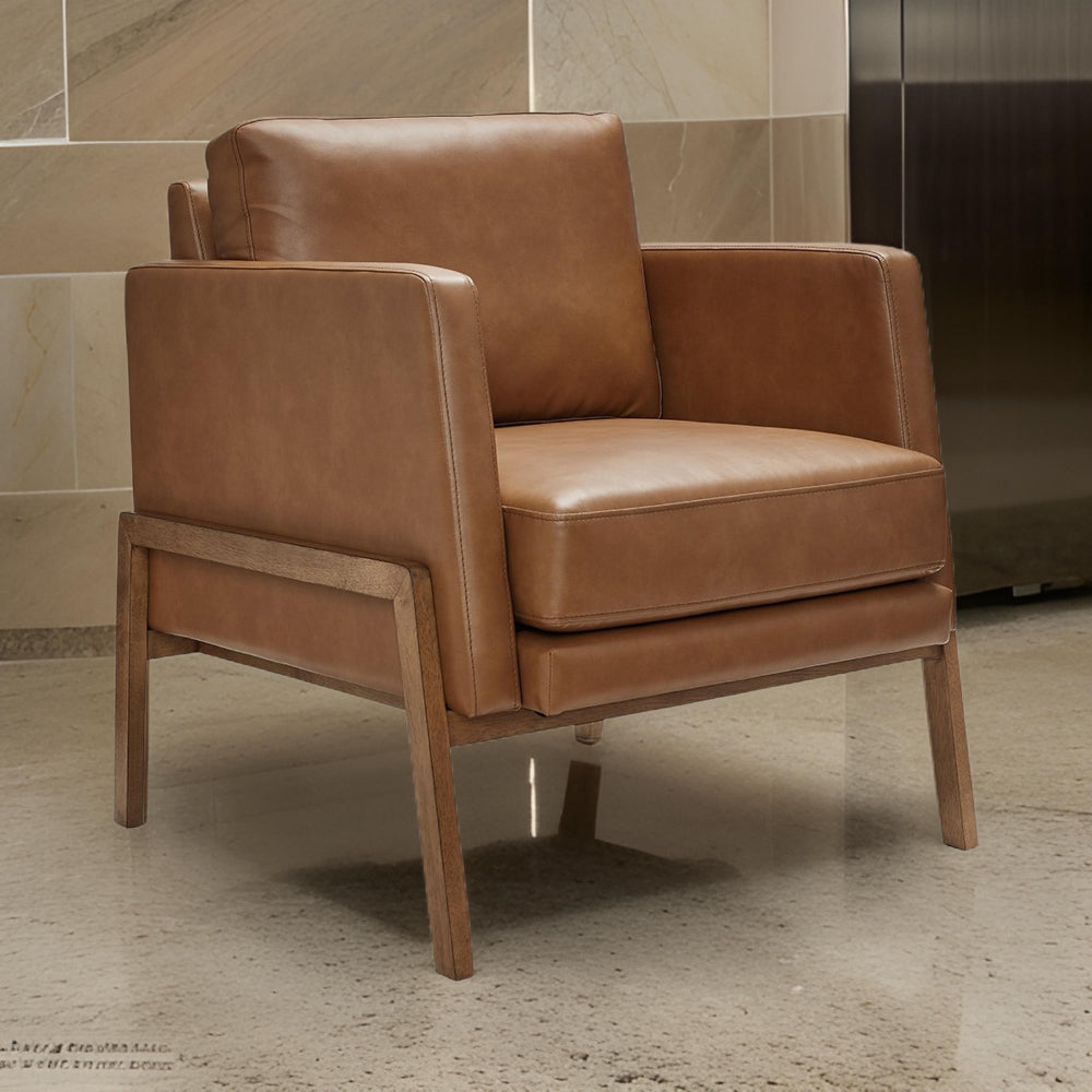 Accent Chair, Classic Retro Cushions, Brown Faux Leather, Natural Wood - BM318672