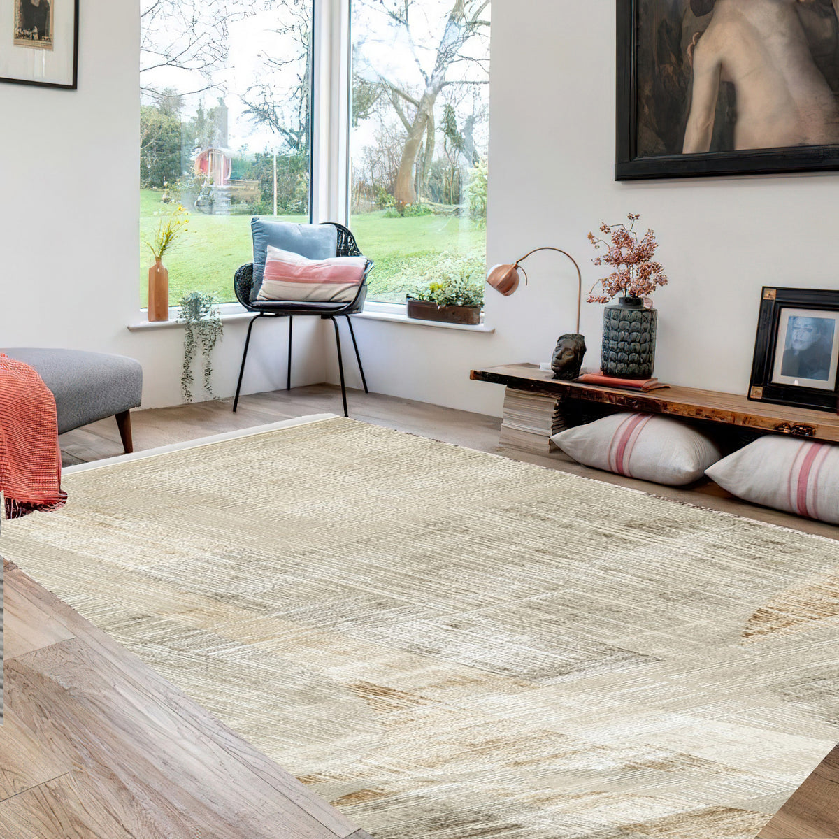 Wony 8 x 10 Large Area Rug, Abstract Pattern, Gray and Beige Polyester  - BM318685
