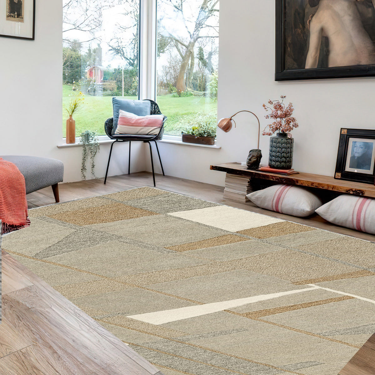 Teon 8 x 10 Large Area Rug, Handwoven Geometric Pattern, Taupe Gray Wool  - BM318689