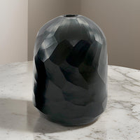 Fory Flower Vase, Modern Round Oval Shaped Hand Carved Black Glass Finish - BM318694