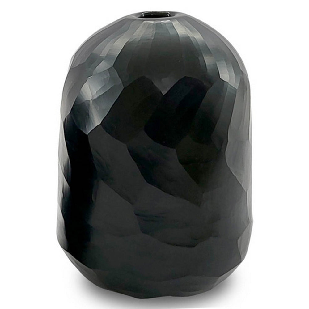 Fory Flower Vase, Modern Round Oval Shaped Hand Carved Black Glass Finish - BM318694