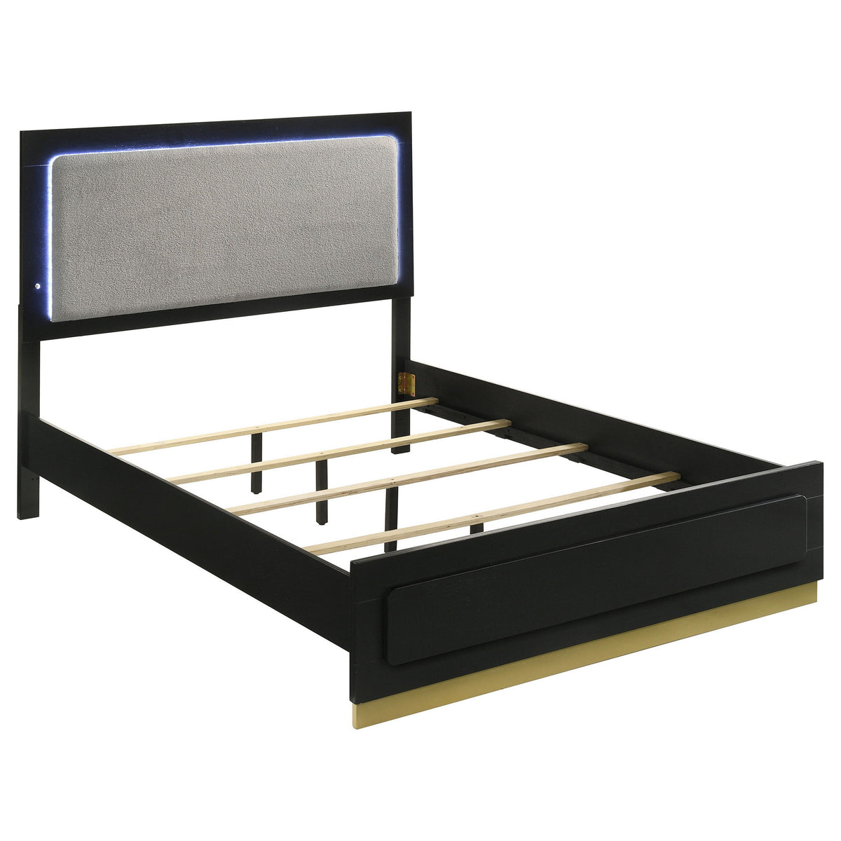 Caer Queen Size Bed, LED Panel Tall Headboard, Gray Upholstery, Black Okume-BM318731