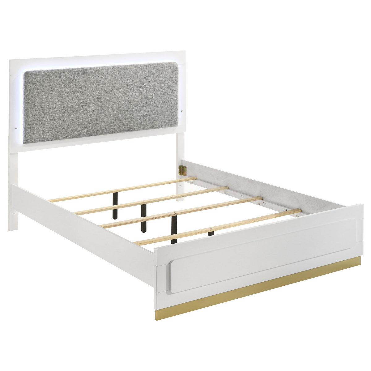 Caer Queen Size Bed, LED Panel Tall Headboard, Gray Upholstery, White Okume-BM318734