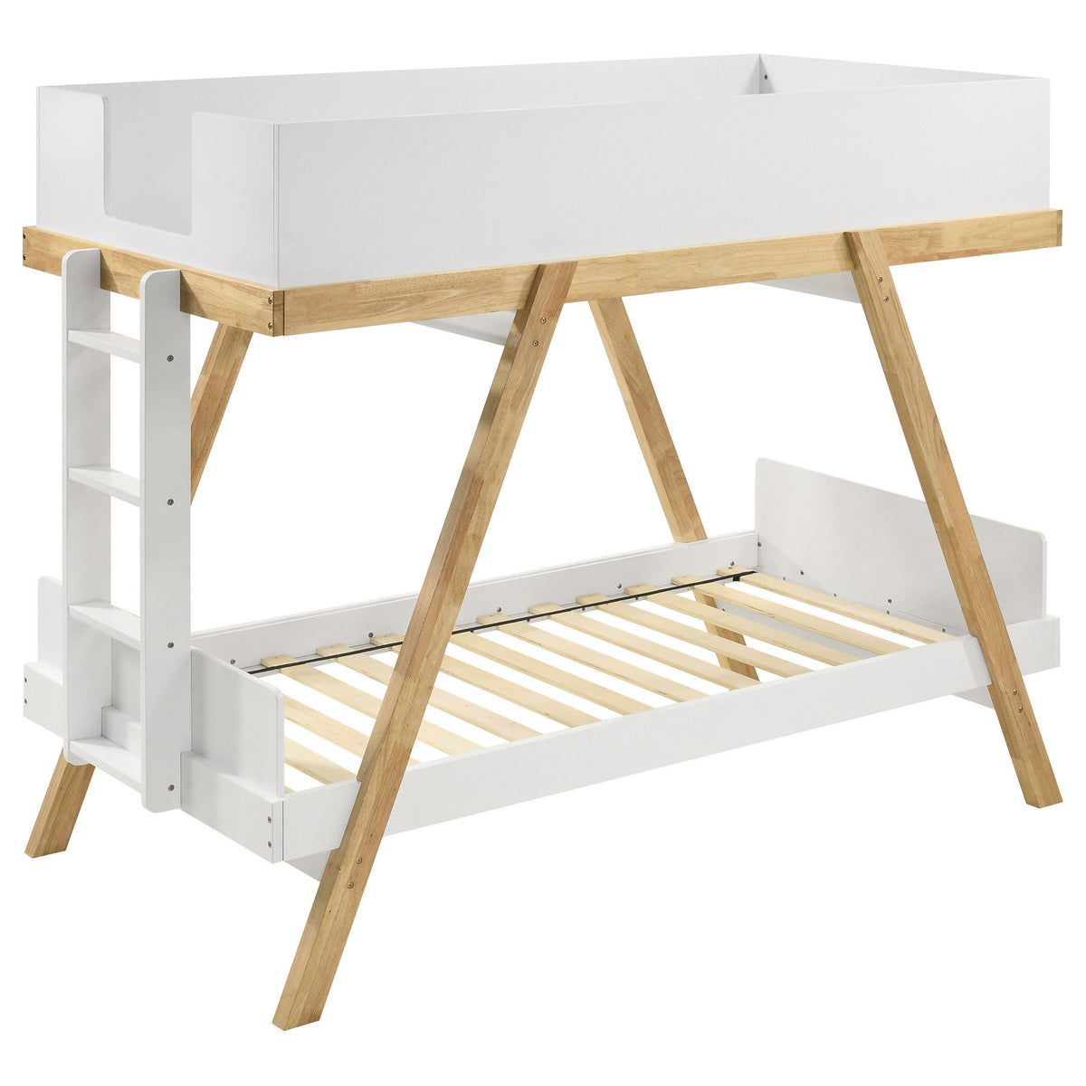 Anky Twin Size Bunk Bed, Brown Wood, 3 Side Panel Rails, Ladder, White-BM318832
