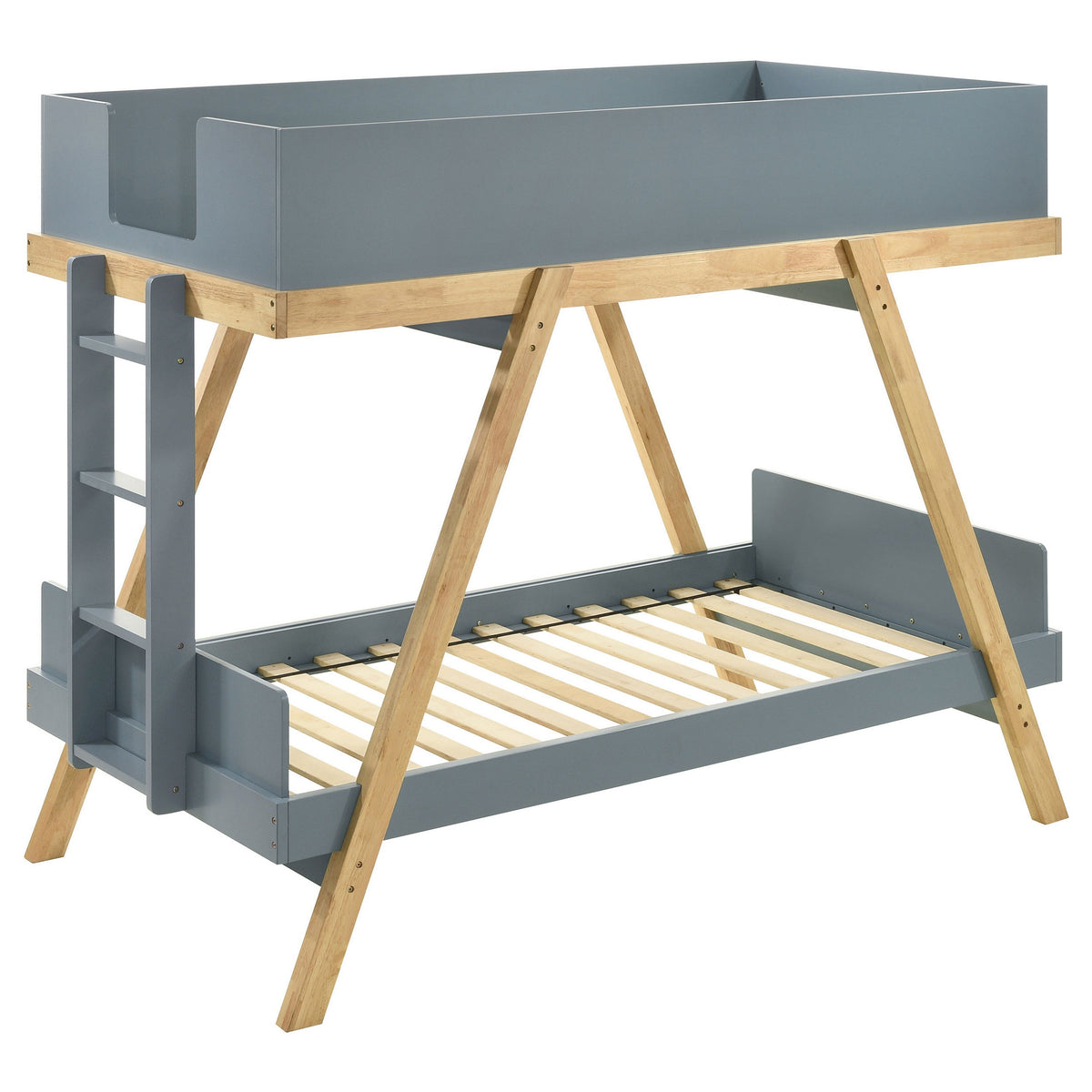 Anky Twin Size Bunk Bed, Brown Wood Frame, 3 Side Panel Security, Blue-BM318833