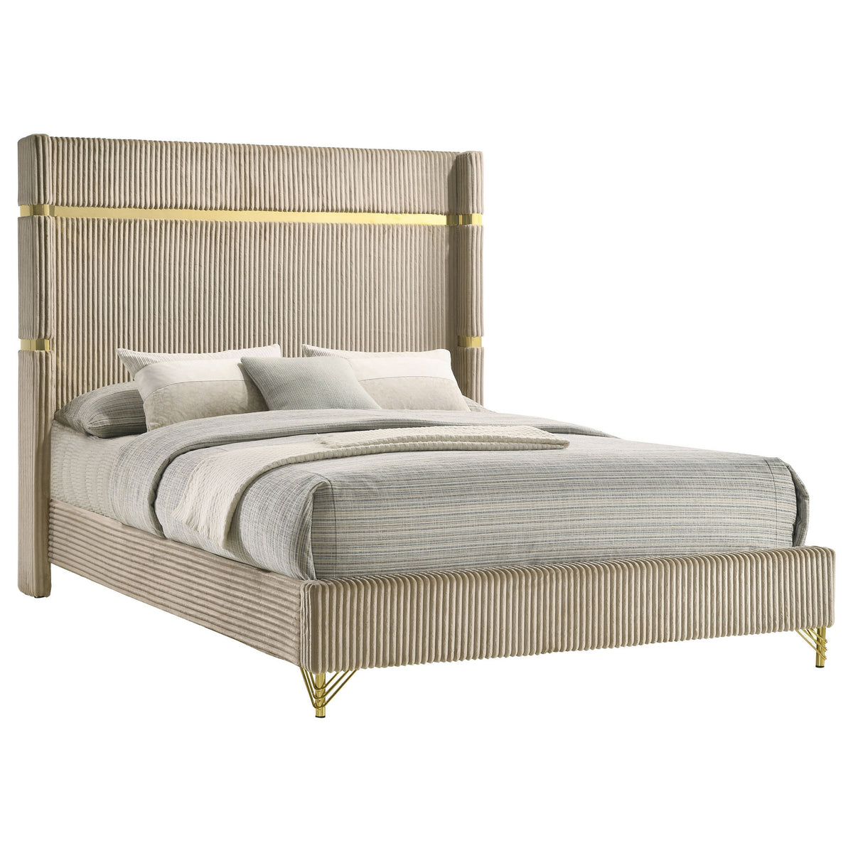 Jenny Queen Size Bed, Fluted Wingback Headboard, Beige Upholstery Gold Trim