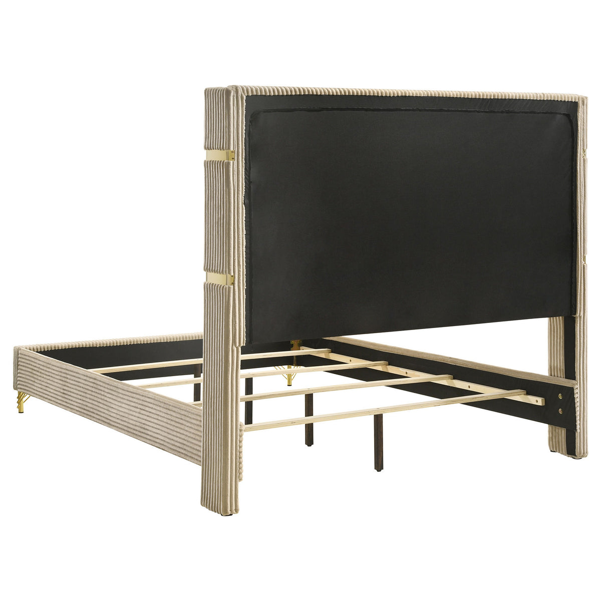 Jenny Queen Size Bed, Fluted Wingback Headboard, Beige Upholstery Gold Trim