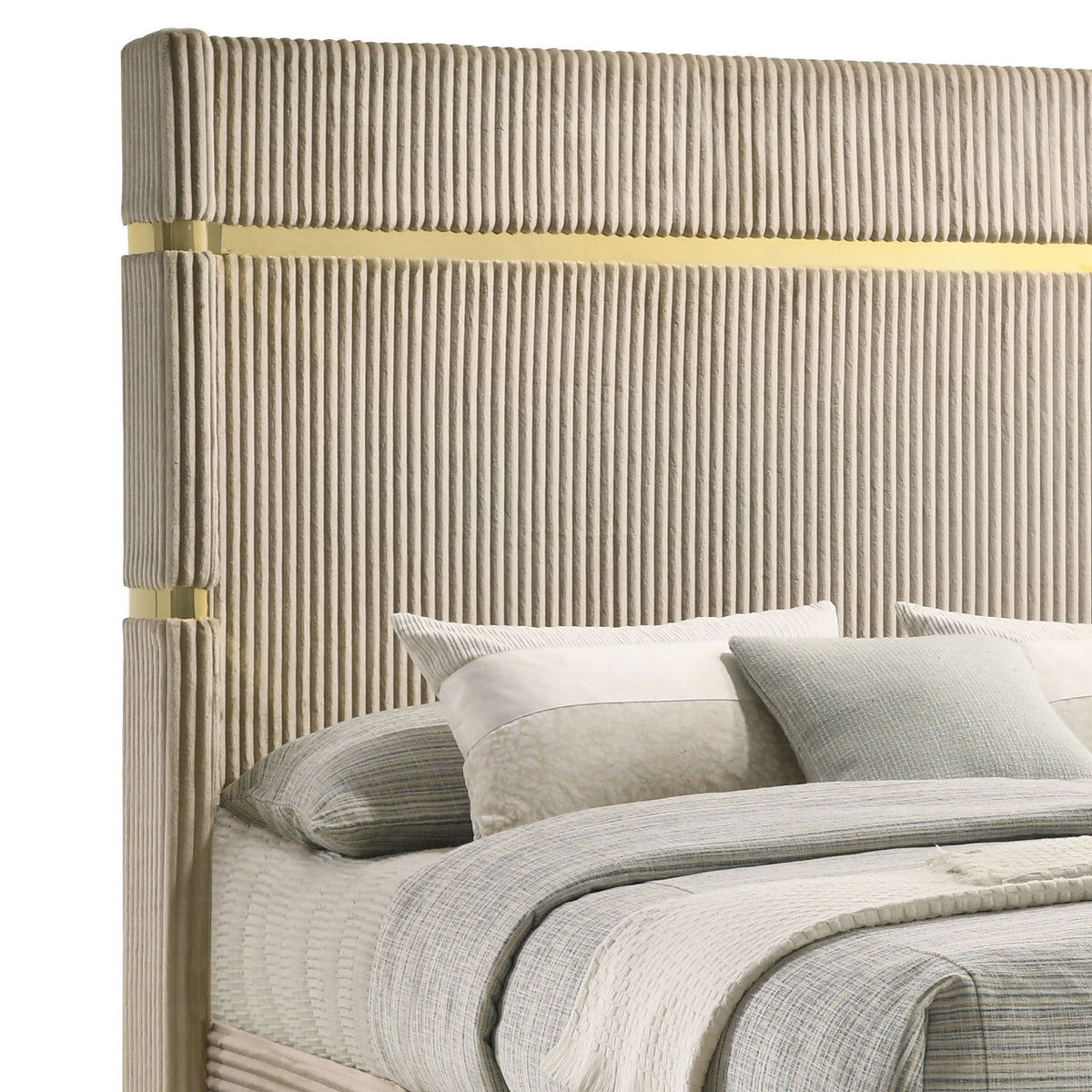 Jenny Queen Size Bed, Fluted Wingback Headboard, Beige Upholstery Gold Trim