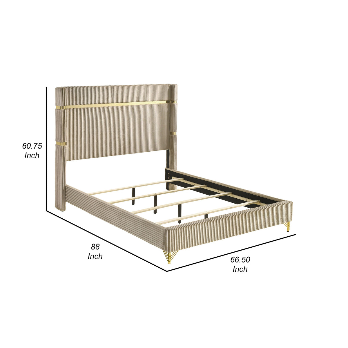 Jenny Queen Size Bed, Fluted Wingback Headboard, Beige Upholstery Gold Trim