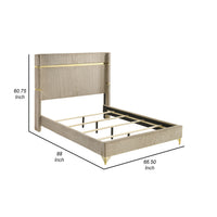 Jenny Queen Size Bed, Fluted Wingback Headboard, Beige Upholstery Gold Trim