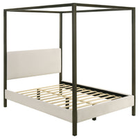 Rey Queen Size Canopy Bed, Padded Headboard, 4 Post Frame, Ivory Upholstery