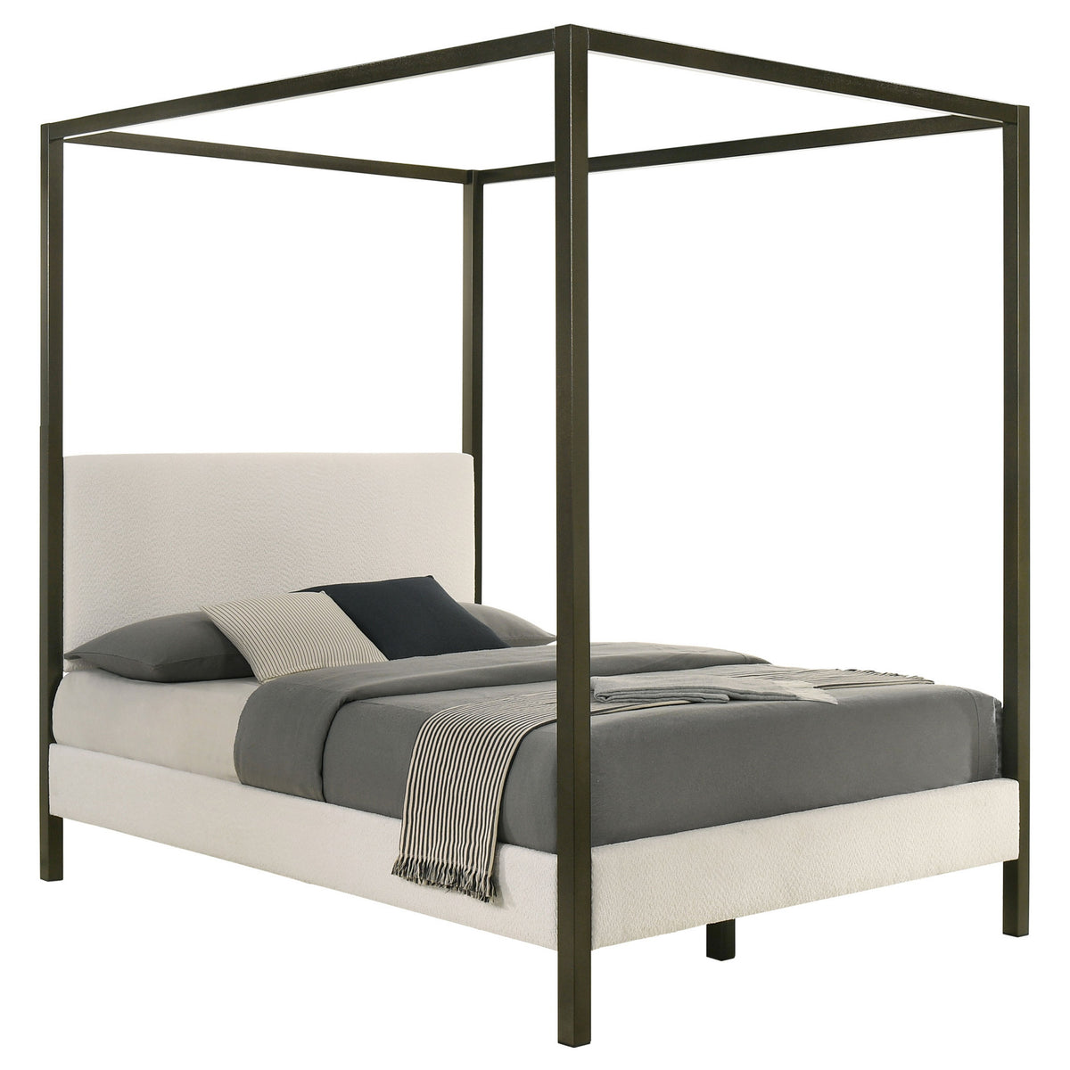 Rey Queen Size Canopy Bed, Padded Headboard, 4 Post Frame, Ivory Upholstery