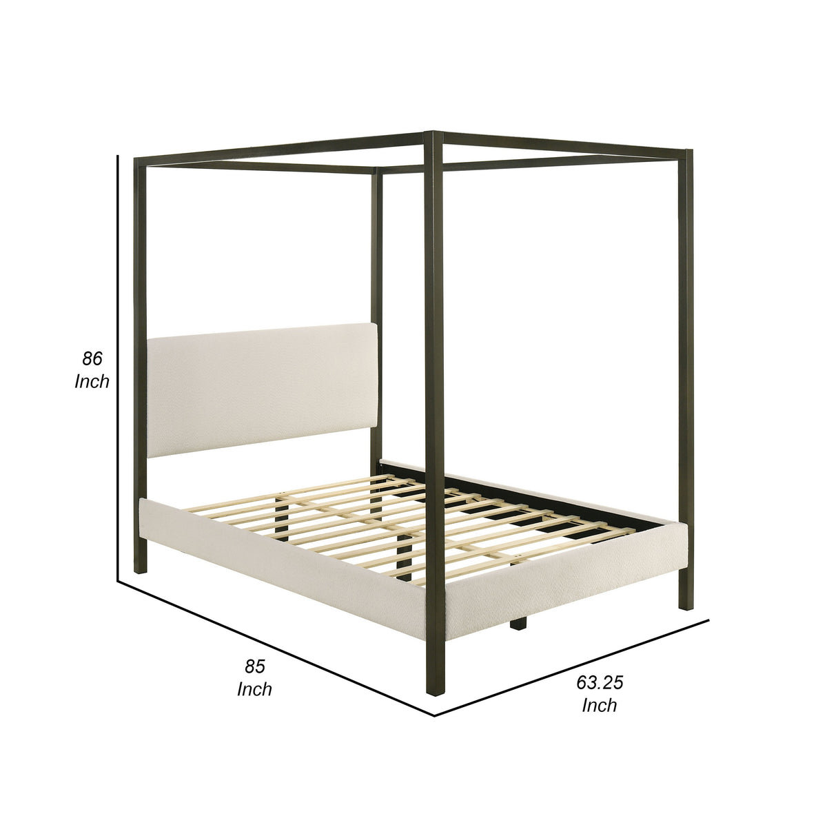 Rey Queen Size Canopy Bed, Padded Headboard, 4 Post Frame, Ivory Upholstery