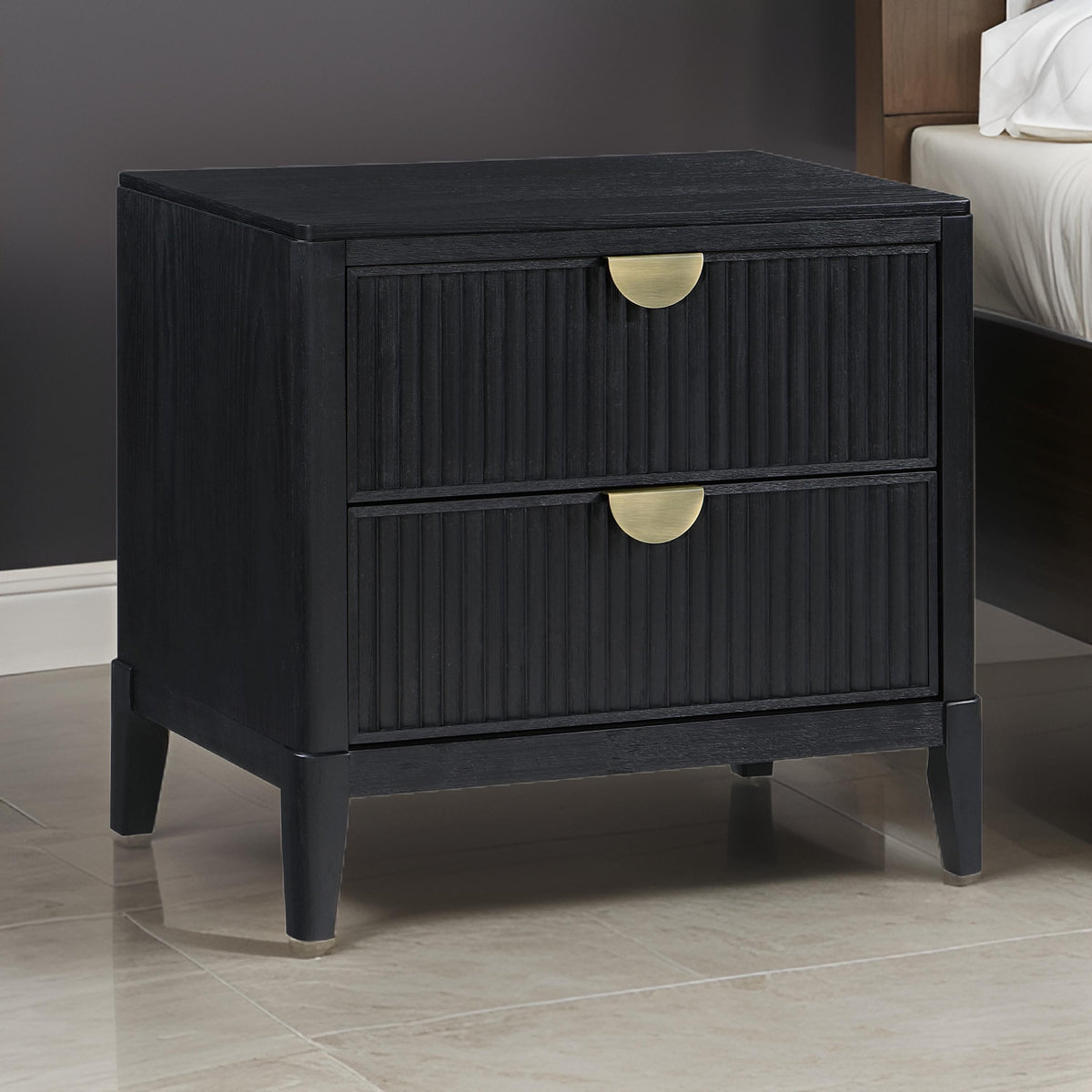 Jack Nightstand, 2 Drawers, Gold Metal Handles, Wire Brushed Black Wood  - BM318861