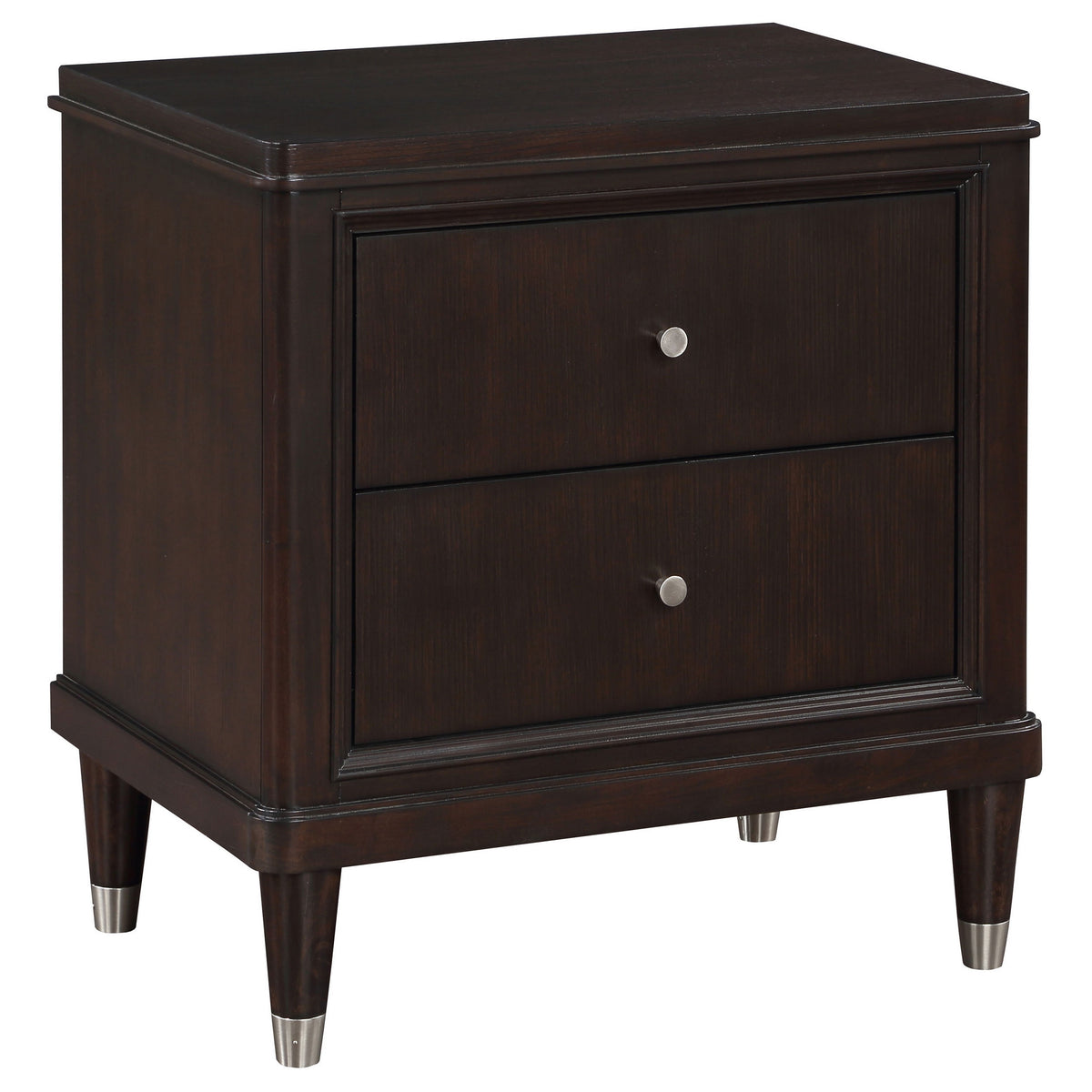 Amber Nightstand, 2 Drawers, Round Metal Knobs, Tapered Legs, Brown Wood  - BM318870