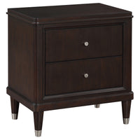 Amber Nightstand, 2 Drawers, Round Metal Knobs, Tapered Legs, Brown Wood  - BM318870