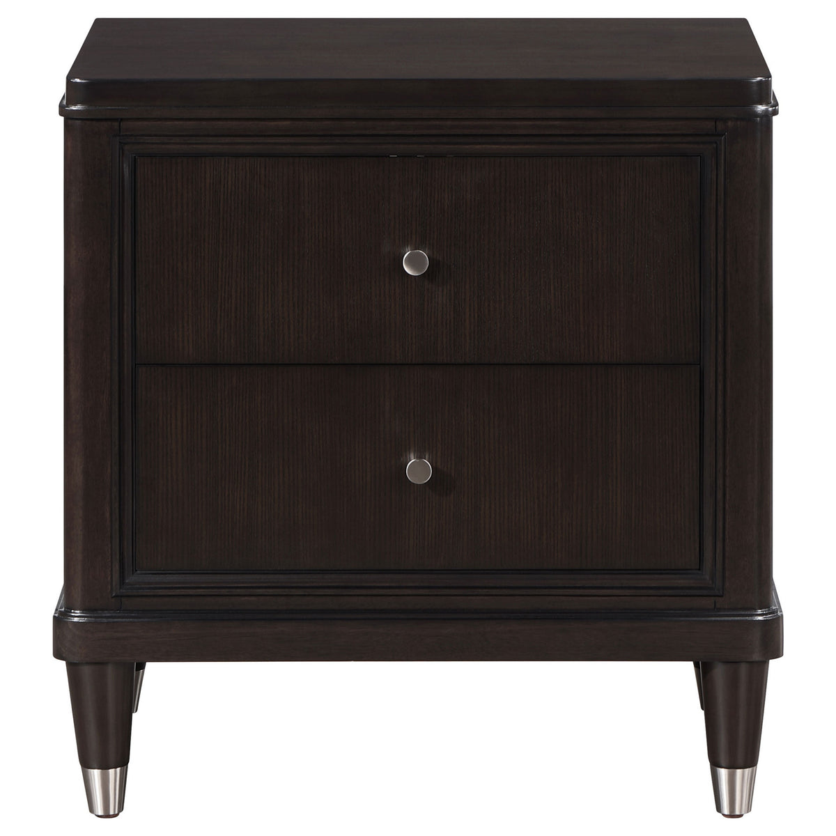 Amber Nightstand, 2 Drawers, Round Metal Knobs, Tapered Legs, Brown Wood  - BM318870