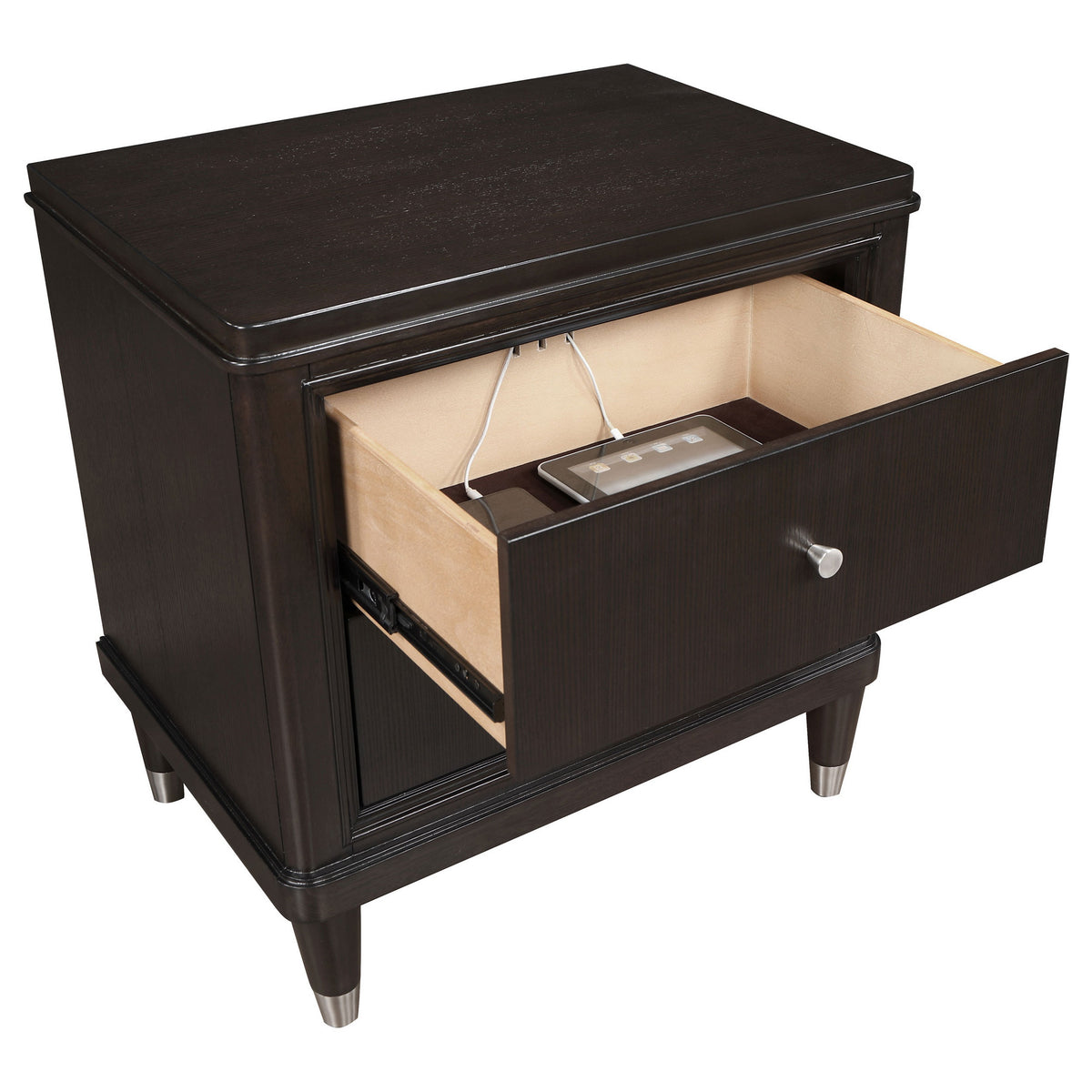 Amber Nightstand, 2 Drawers, Round Metal Knobs, Tapered Legs, Brown Wood  - BM318870
