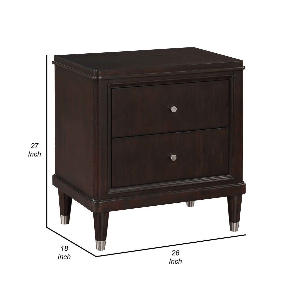 Amber Nightstand, 2 Drawers, Round Metal Knobs, Tapered Legs, Brown Wood  - BM318870