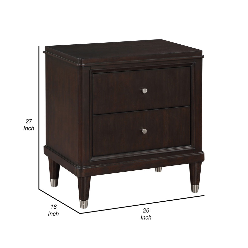 Amber Nightstand, 2 Drawers, Round Metal Knobs, Tapered Legs, Brown Wood  - BM318870