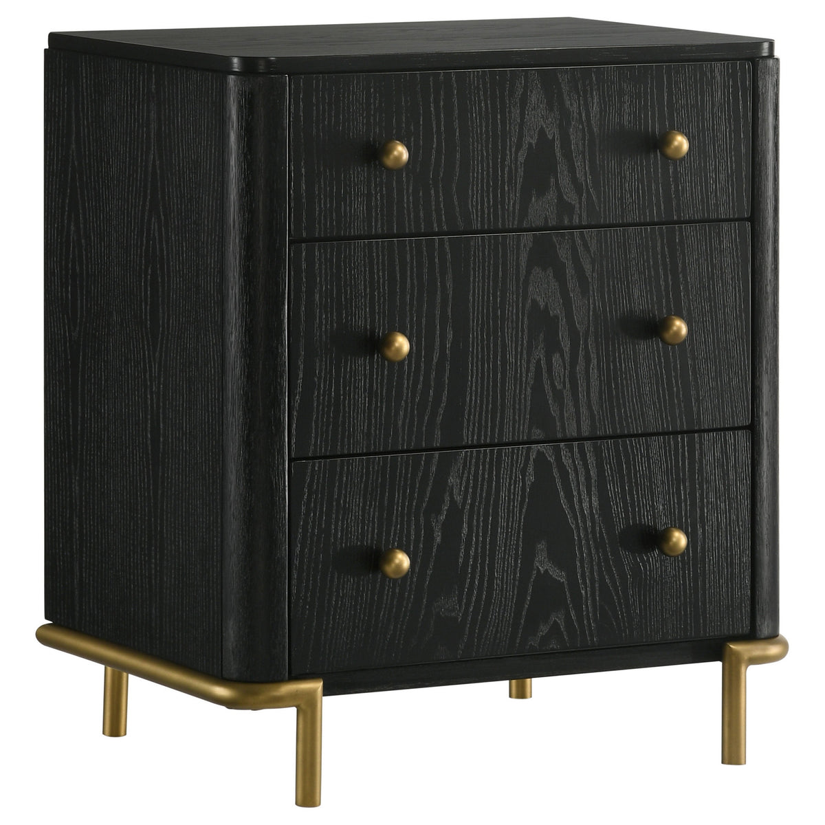 Fij Nightstand, 3 Drawers, USB Port, Golden Metal Legs, Knobs, Black Wood  - BM318876