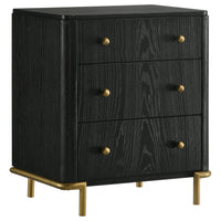 Fij Nightstand, 3 Drawers, USB Port, Golden Metal Legs, Knobs, Black Wood  - BM318876
